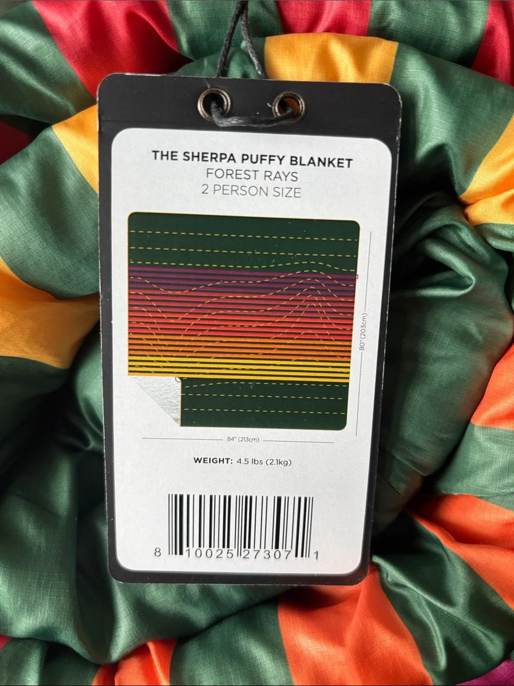 Rumpl 2 Person Sherpa Puffy Blanket — Forest Green with Sunset Stripes